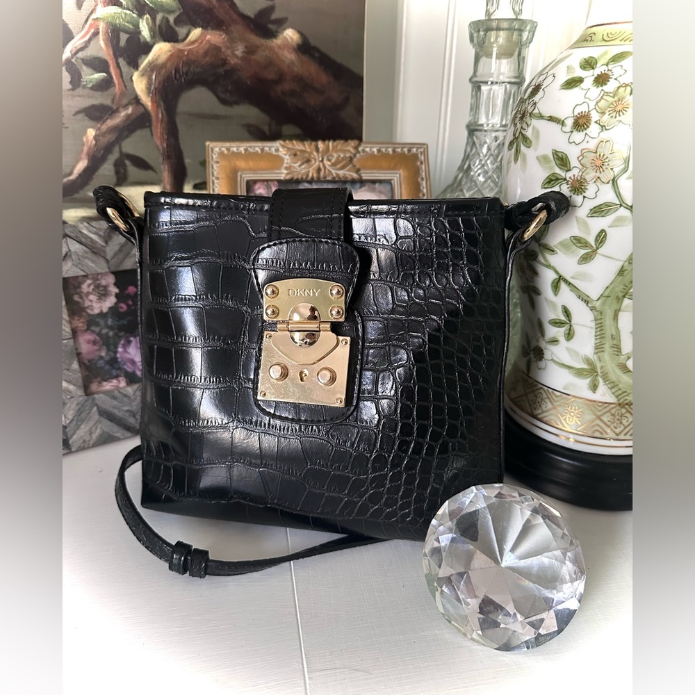 DKNY Black Croc-Embossed Crossbody Bag with Gold Lock